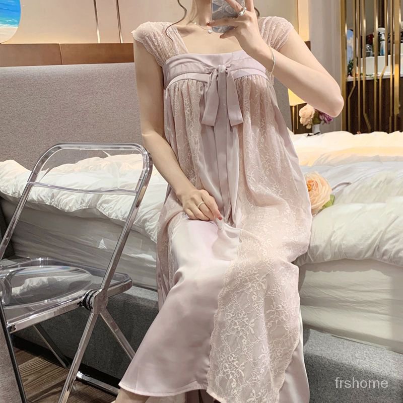 Manis putri busur renda renda suspender retro loungewear baju tidur panjang musim panas baru