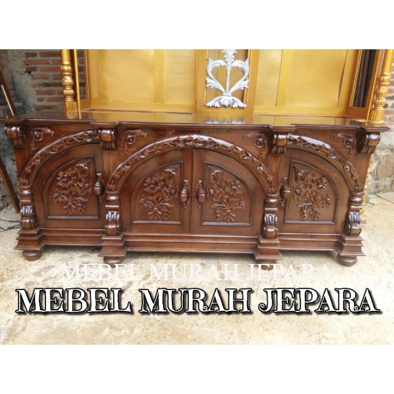 meja tv ukir manohara natural jati, meja tv ukir jati jepara