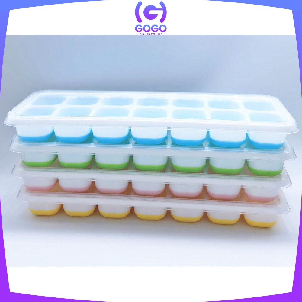 GOGO-C532 Cetakan Es Batu Dengan Tutup Bentuk Kotak Bahan Silikon Serbaguna / Ice Cube Tray 14 Slot / Cetakan Coklat Pudding Jelly