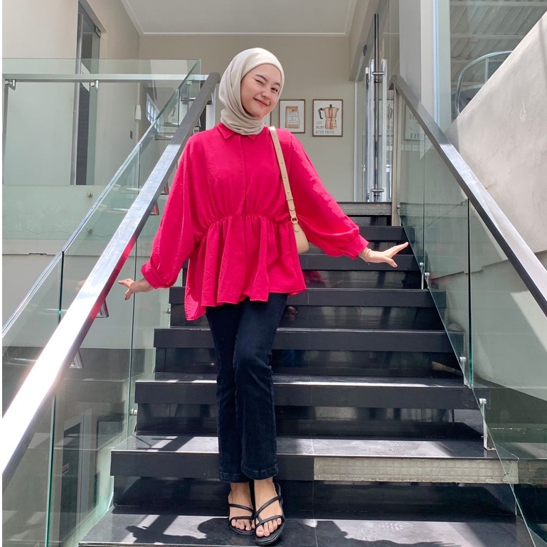 Aliya Blouse Kerut Wanita Oversized - Batwing Top Blouse - Atasan Wanita - Kemeja Wanita - Baju Lengan Panjang Wanita - Laura Cotton Top Blouse - Atasan Blus