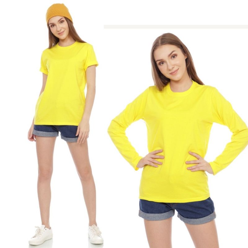 Baju kaos Polos wanita Cewek Lengan panjang dan Lengan Pendek Cotton Combed 30s original warna kunin