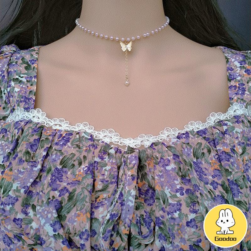 Retro Butterfly Pearl Kalung Lembut Gadis Kecil Cinta Liontin Kalung Rantai Klavikula -Doo -Doo