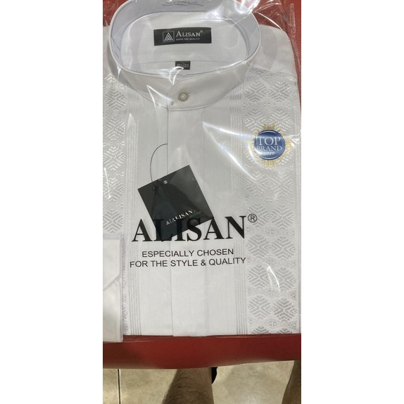 Kemeja Alisan Koko Corak Putih Lengan Panjang 15.5-33