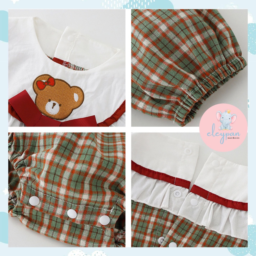 Romper Bayi Perempuan Free Bando Impor / Dress Anak Cewek Motif Kotak Kotak Teddy Bear / Baby Jumper Import