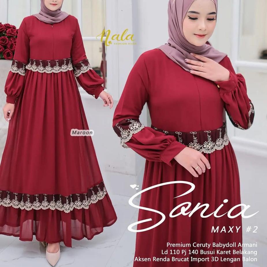 リ Sonia Maxy Gamis Malaysia Dress Ceruty Aplikasi Renda Bunga Pakaian Busui Fashion Muslim Gamis Pes