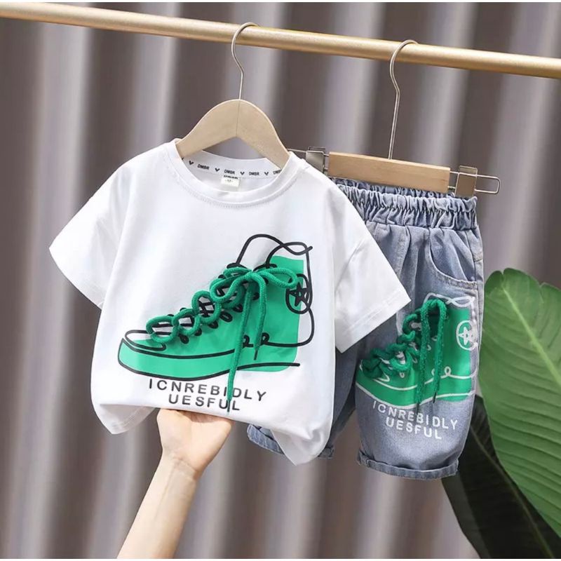 Setelan trendi anak laki laki perempuan motif shoes baju anak setelan anak pakaian anak setelan unisex