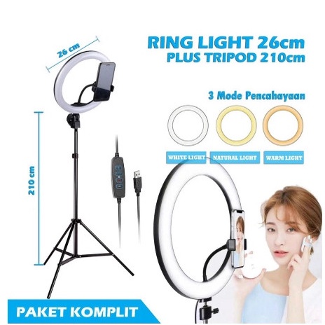 Paket Komplit Ringlight 26cm + Tripod 2,1 Meter Make Up Vlog