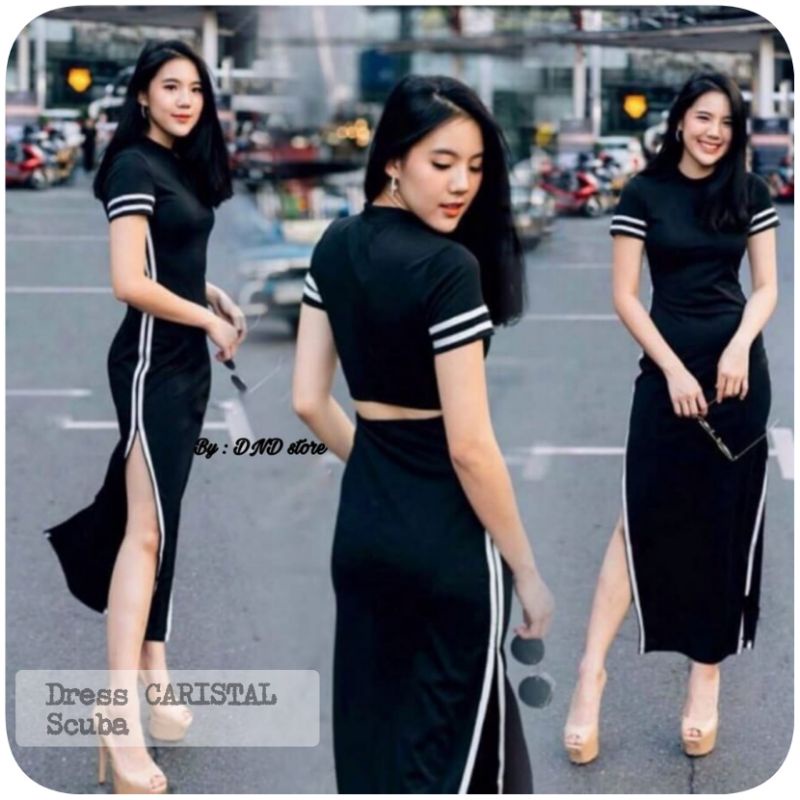 DRESS CARISTAL SCUBA Gaun casual belah samping fashion ootd outfit hitam merah maroon Korean style f