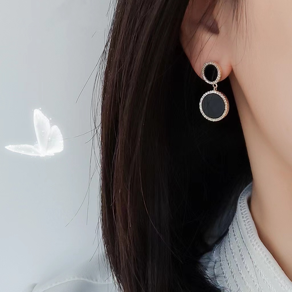 Silver Korea Anting Pentagram Anting Berlian Bulat / Anting Pentagram Korea Berlian Bulat Wanita