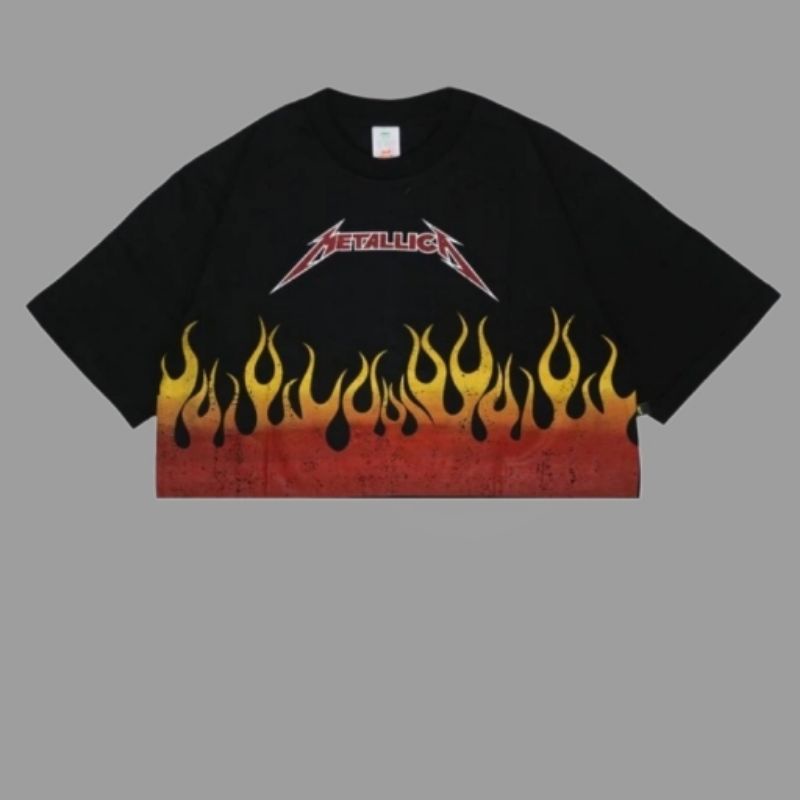 Kaos Baju Metallica flame Tie dye Crop Top Tshirt Black