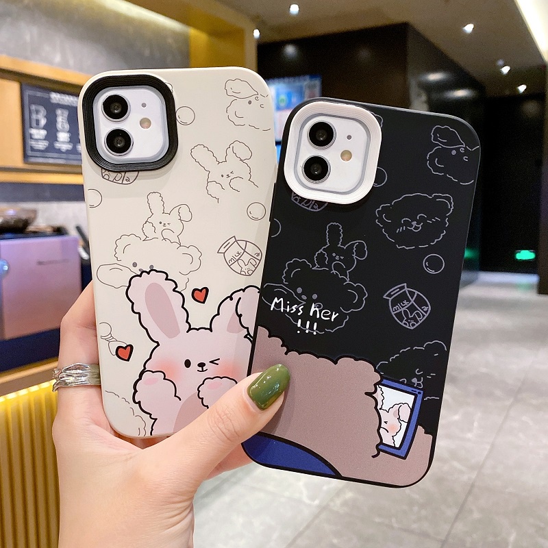 (3 In 1) Soft case Silikon Motif Kelinci / Beruang Untuk iPhone 11 12 13 14 Pro MAX X XR XS MAX 7 8 Plus