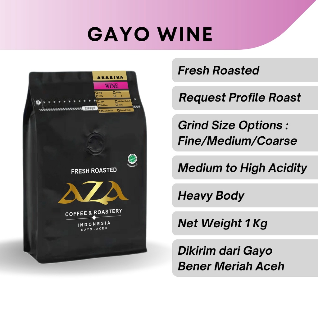 

Aza Coffee Kopi Arabika Aceh Gayo Wine 1Kg Bubuk Single Origin Coffe Powder Biji Roasted Beans
