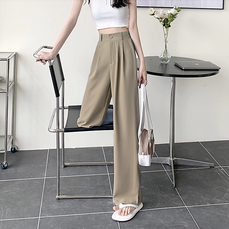 High Waist Drape Simple Longgar Lurus Kasual Celana Untuk Wanita 3 Warna