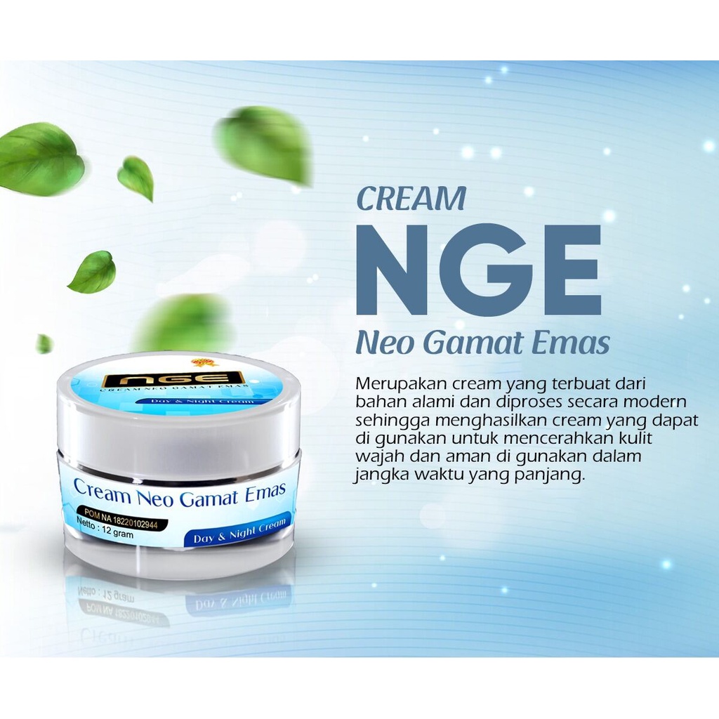 Cream Wajah Neo Gamat Emas (NGE) 12 g Menjadikan kulit wajah sehat, halus, segar, awet muda &amp; alami. Mengaktifkan pertumbuhan dan aktifitas sel-sel kulit. Berperan baik dalam Menghilangkan noda bekas luka Membuat kulit cerah dan tampak lebih putih. Memban