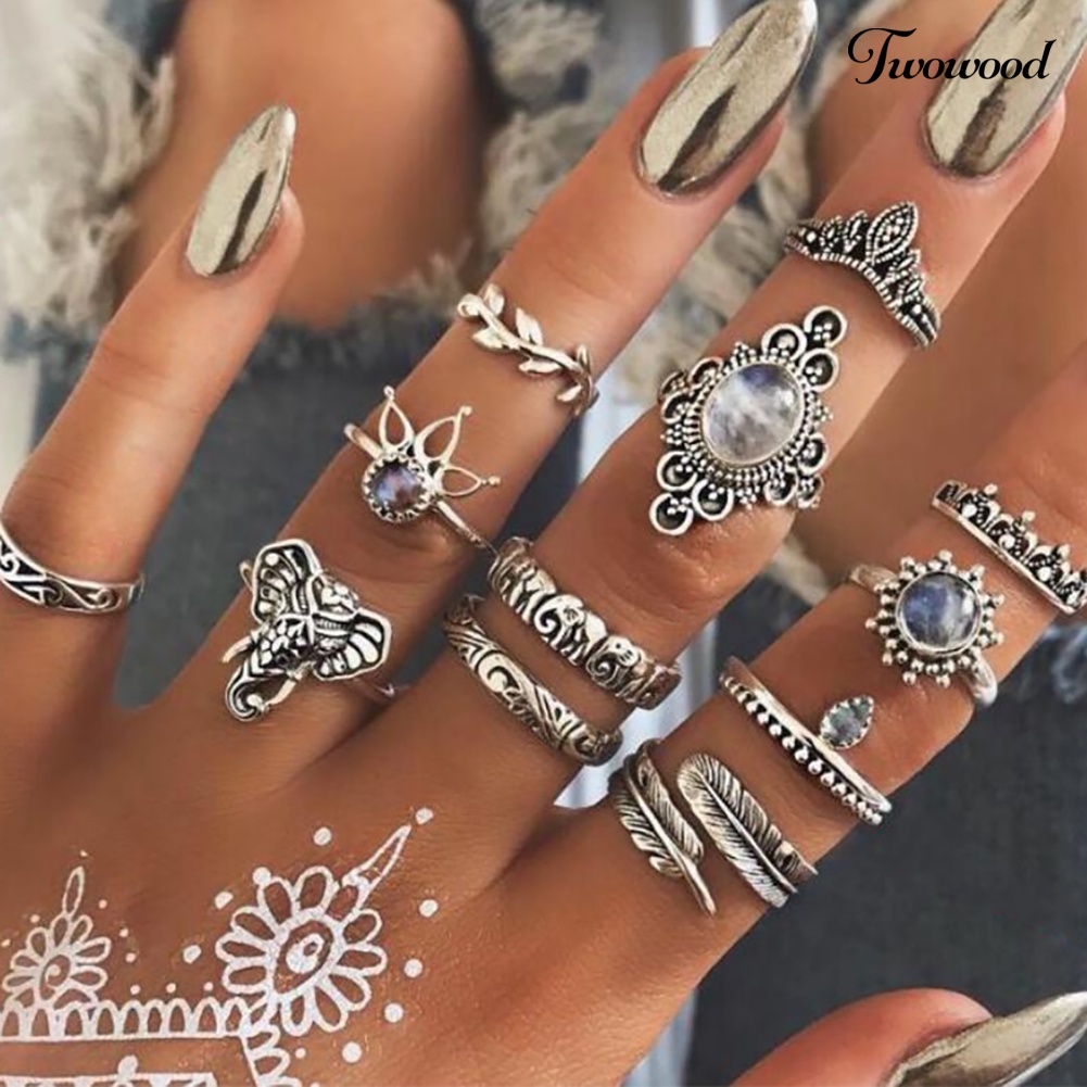 12 Pcs Perhiasan Cincin Knuckle Stacking Aksen Batu Permata Berlian Imitasi Gaya Vintage Boho Untuk Wanita