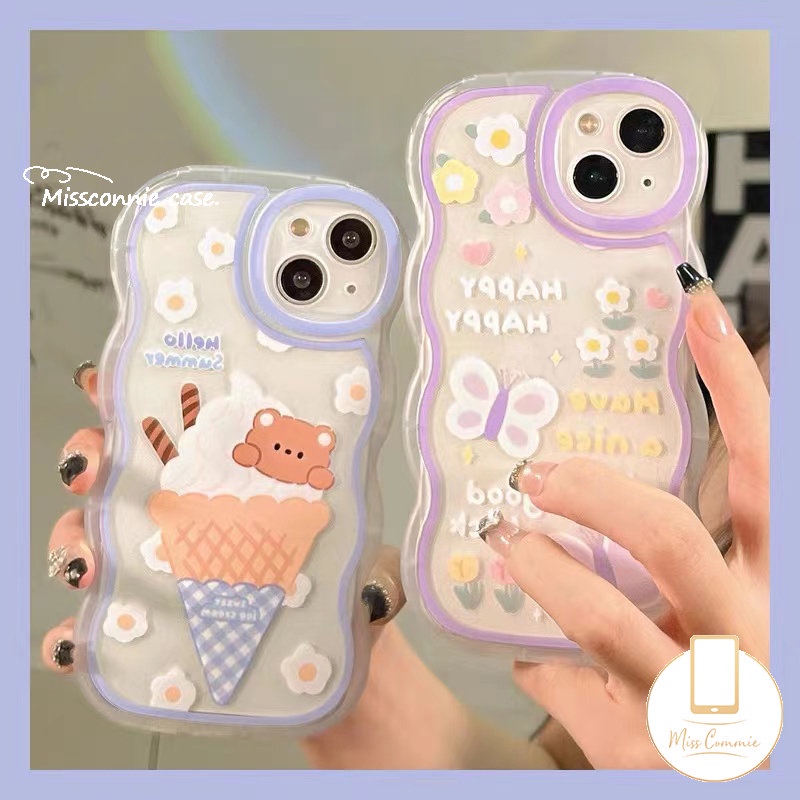 Case Samsung A04s A53 A04 A52 A51 A03 A04E A12 A13 A50 A31 A52s A23 A22 A32 A03s A14 A21s A20 A50s A02s A30s A11 Romance Butterfly Kartun Ice Cream Bear Lucu Lembut Bergelombang Penutup Tepi