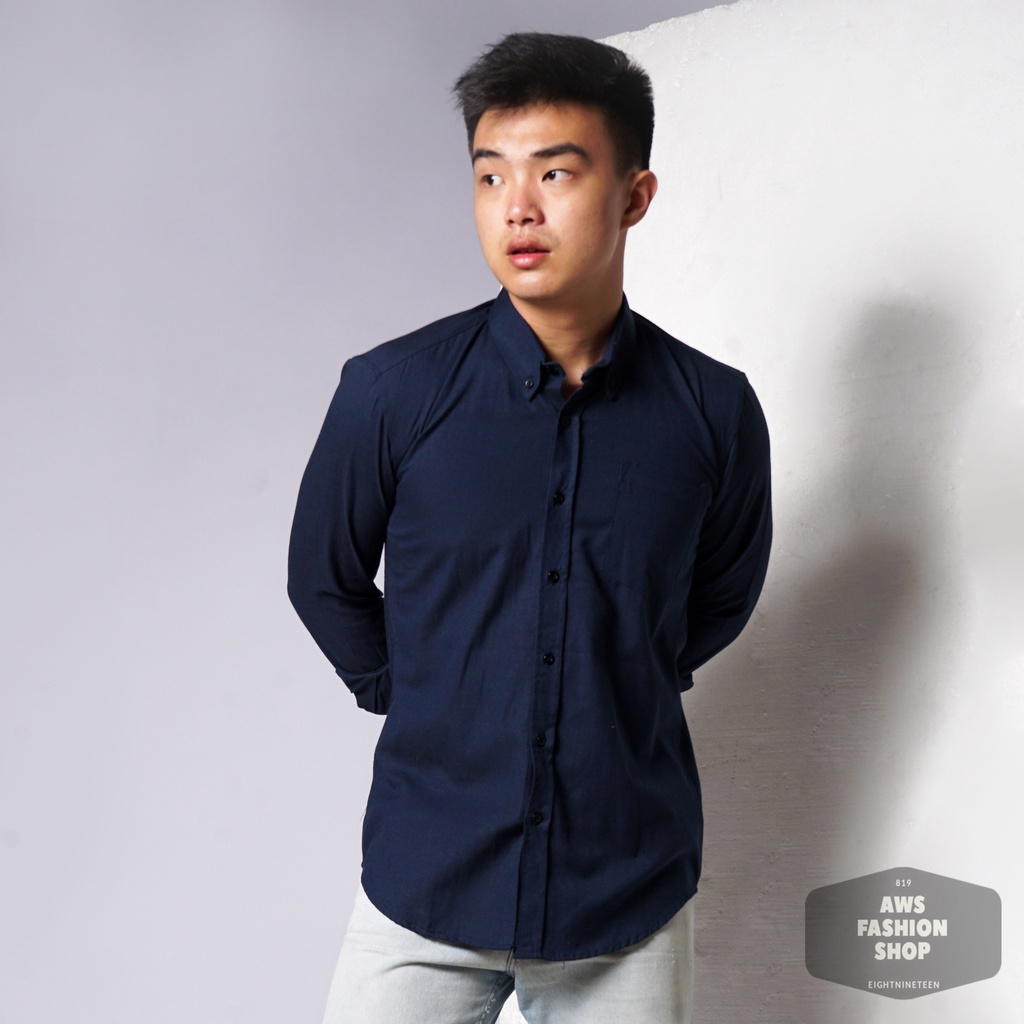 819 Kemeja Pria Lengan Panjang Polos Biru Navy Blue Oxford Basic SIMPLE Slimfit Casual Tersedia Ready Sampai Size JUMBO BIG SIZE XXL XXXL