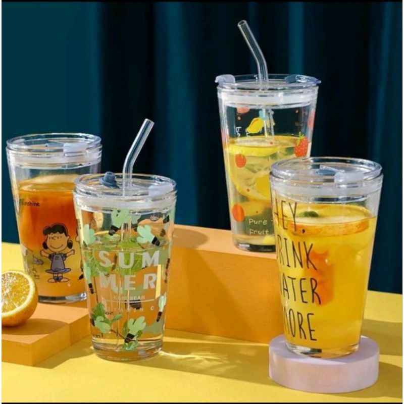 Tumble Gelas Kaca (Sedotan+Tutup)