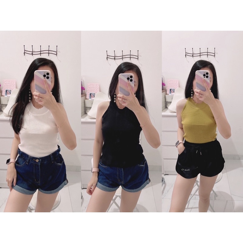 Croptop knit import | croptop rajut leher bulat | atasan crop rajut salur polos | korean fashion import | aquarius boutique89