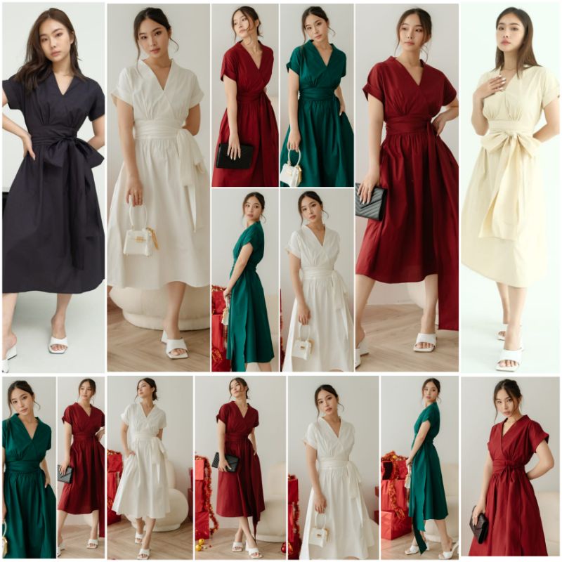 ❣️ SPECIAL PRICE ♡ PREMIUM ♡ ORIGINAL ! NOELLA VINTAGE PLAIN V-NECK KIMONO OBI TIED MIDI FLARE DRESS