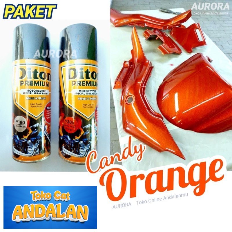 

PAKET Diton Premium Candy Tone Orange 9305 + Silver Metallic 9180 / Candytone Oranye Kenditon Cat Semprot Pilok Pylox Pilox 400ml