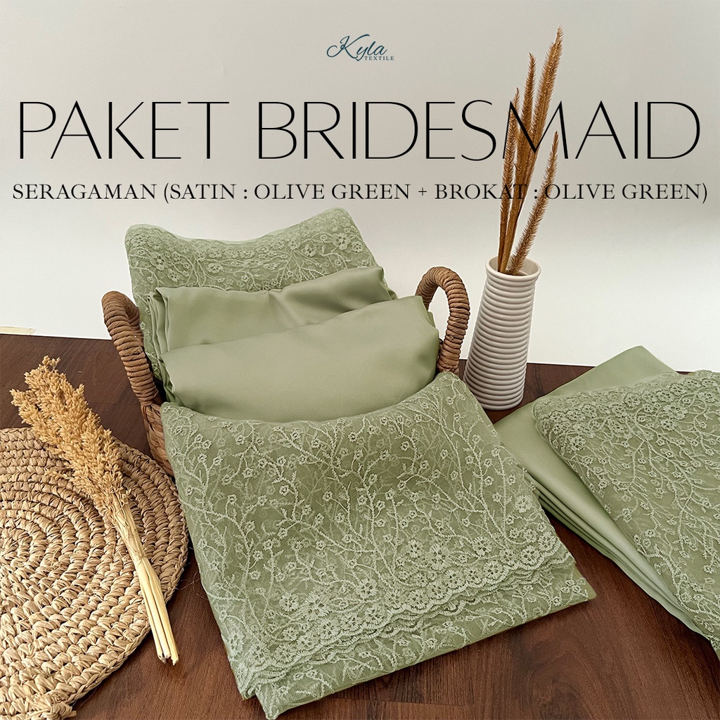 PAKET KAIN BRIDESMAID PREMIUM LENGKAP SATIN KEBAYA BROKAT WARNA OLIVE GREEN