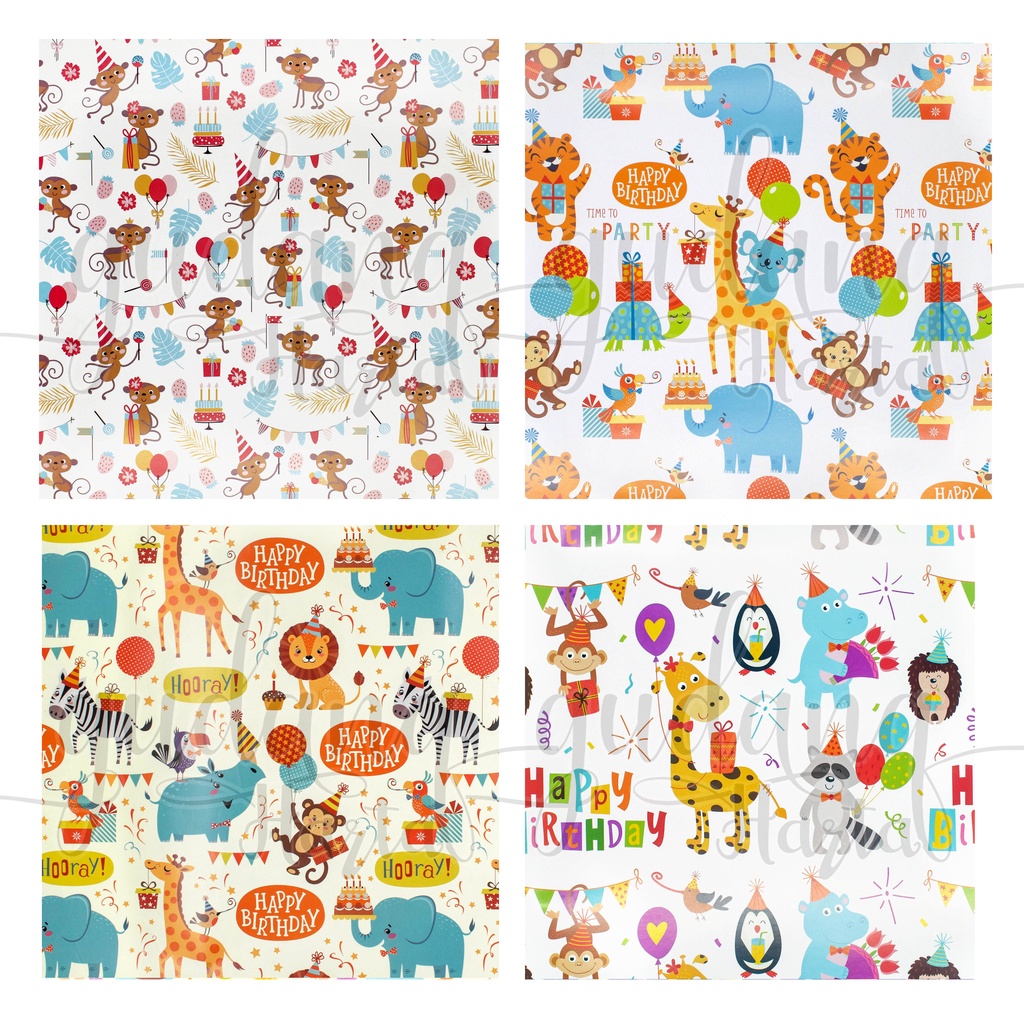 Kertas Kado Birthday Animal Gift Wrapping Paper Motif Monkey Elephant Giraffe Lion GH 510111