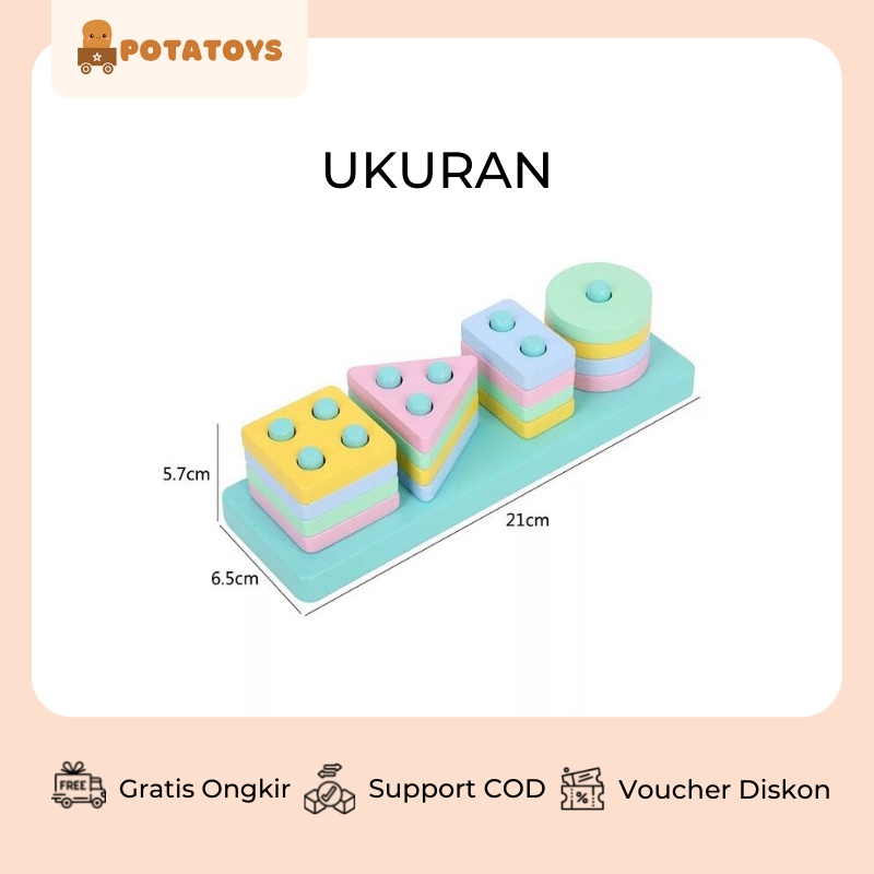 [ Potatoys ] Shape Sorting Wooden Toys / Mainan Edukasi Anak / Mainan Kayu anak / Mainan Kayu Alphabet / Wooden Alphabet Toys / Basic Shape Sorting Kayu Balok 4 Shape Block