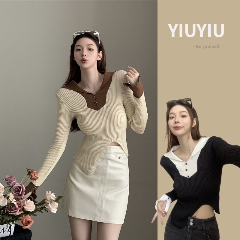 YIU YIU Rajut - Knitwear Top Polos Wanita Lengan Panjang Premium