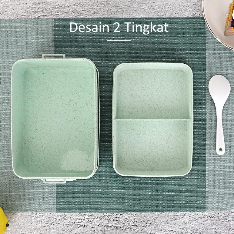 Lunch Box Kotak Makan / Bekal Makan Anak Jerami Gandum 2 Gird 2 Susun / 2 Tingkat 1000ML Free Sendok BPA Free anti tumpah 3 Warna