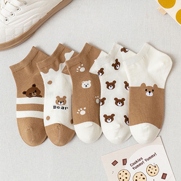 Kaos Kaki Ankle Pria Wanita Motif Beruang Cokelat / Kaus Kaki Pendek Brown Bear Socks Korean Fashion Import / TS-122