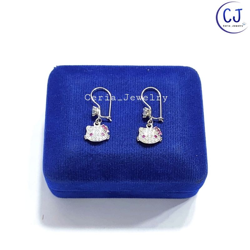 Anting Anak Perak Asli Silver 925 Lapis Emas Model Kait Gantungan Hellokitty Permata Pink - Anting Anak Anti Karat