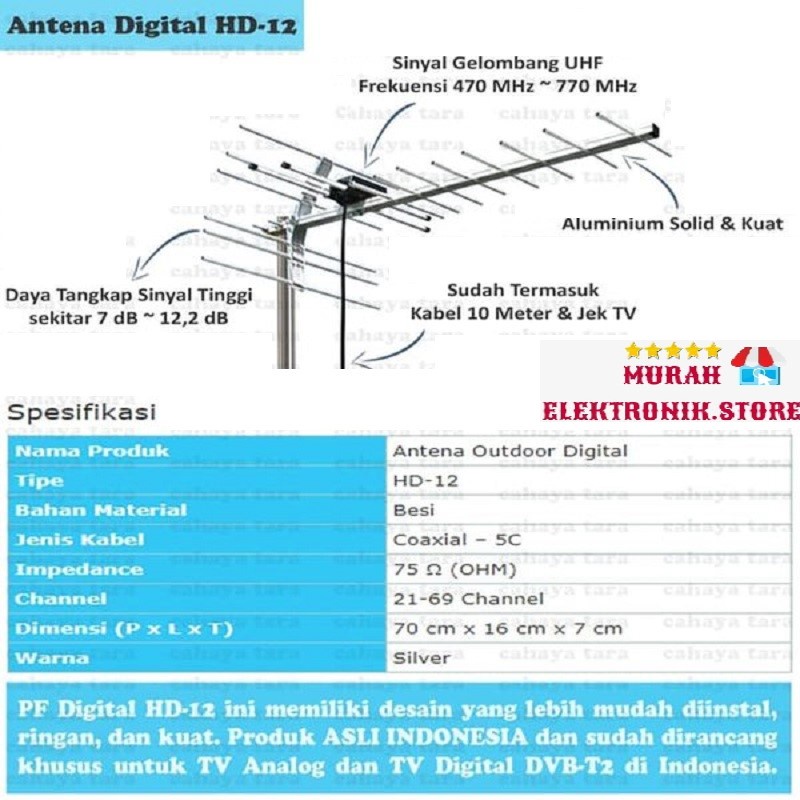 Antena Luar Digital TV HD-12 &amp; Cable 10M