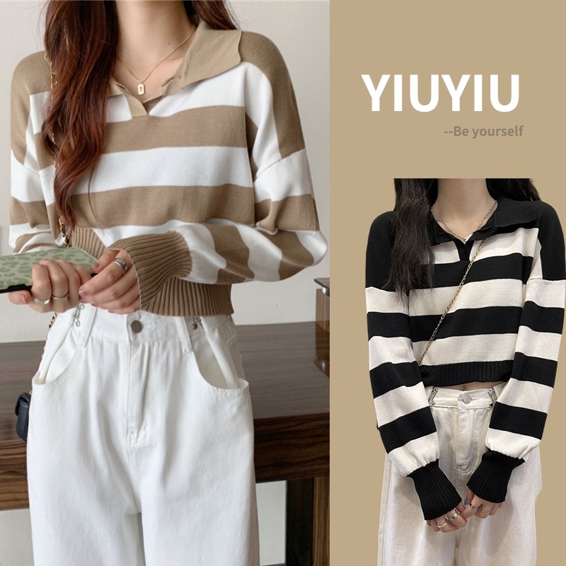 YIU YIU Rajut - Kaos Wanita Jumbo Rajut Lengan Panjang Stripe Casual Top