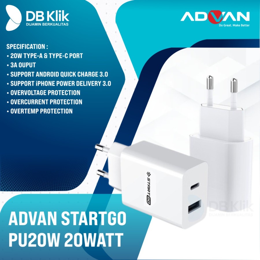 Kepala Charger ADVAN STARTGO PU20W 20Watt 3A Dual Port USB A + USB C