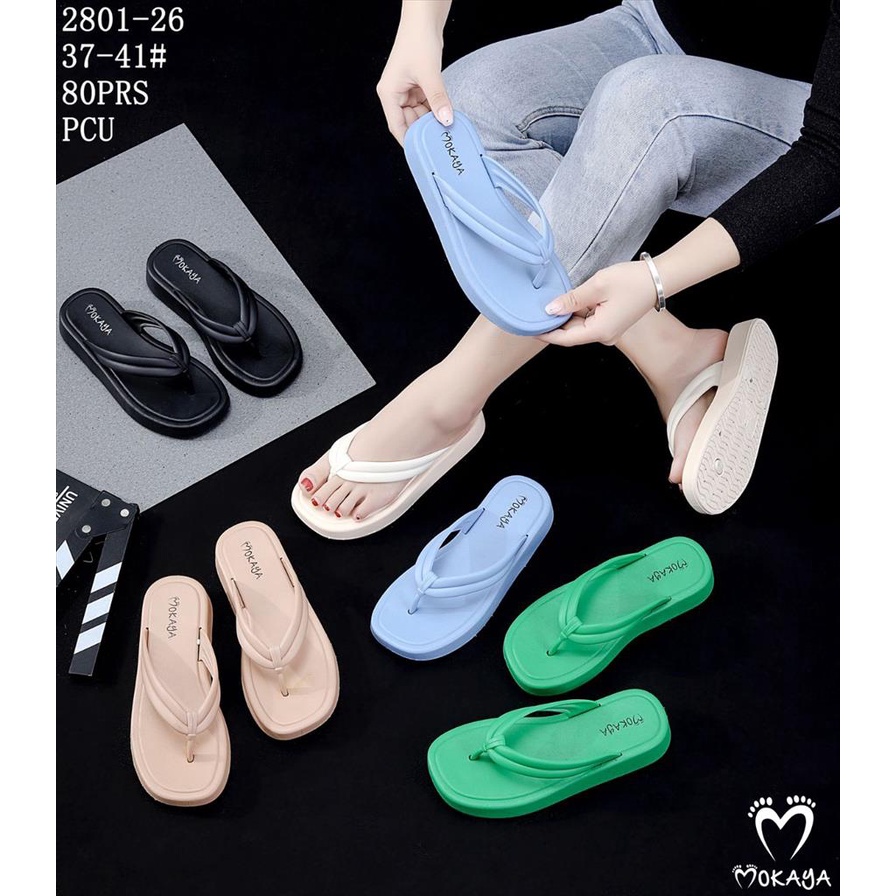 Sandal Jepit Jelly Wanita Tali Sambung Polos &amp; Pita Besar Motif Kotak Sol Tebal Super Pretty Empuk Simple Elegant Kekinian Import Mokaya / Size 37-41 (2801-26/2801)