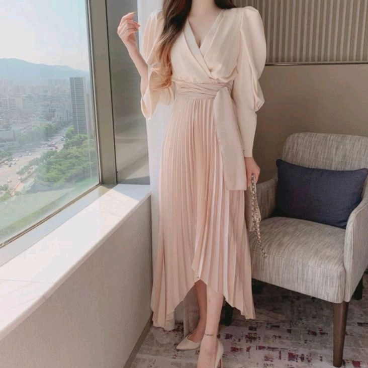 58500 Baju ASYMMETRICAL Wrap dress gaun pesta lengan panjang polos dres Korea Korean style wanita pr