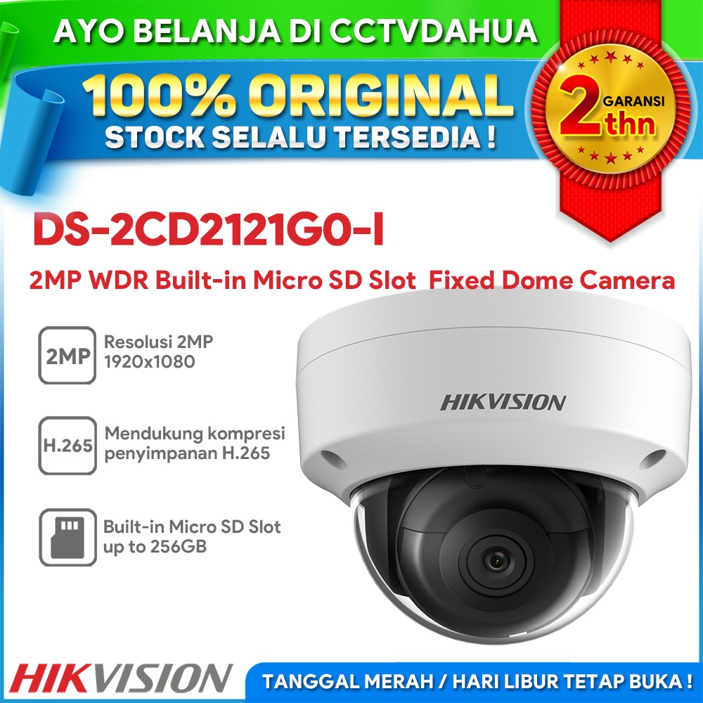 HIKVISION DS-2CD2121G0-I 2MP WDR BUILT IN MEMORY SLOT FIXED DOME CAMERA GARANSI 2TH