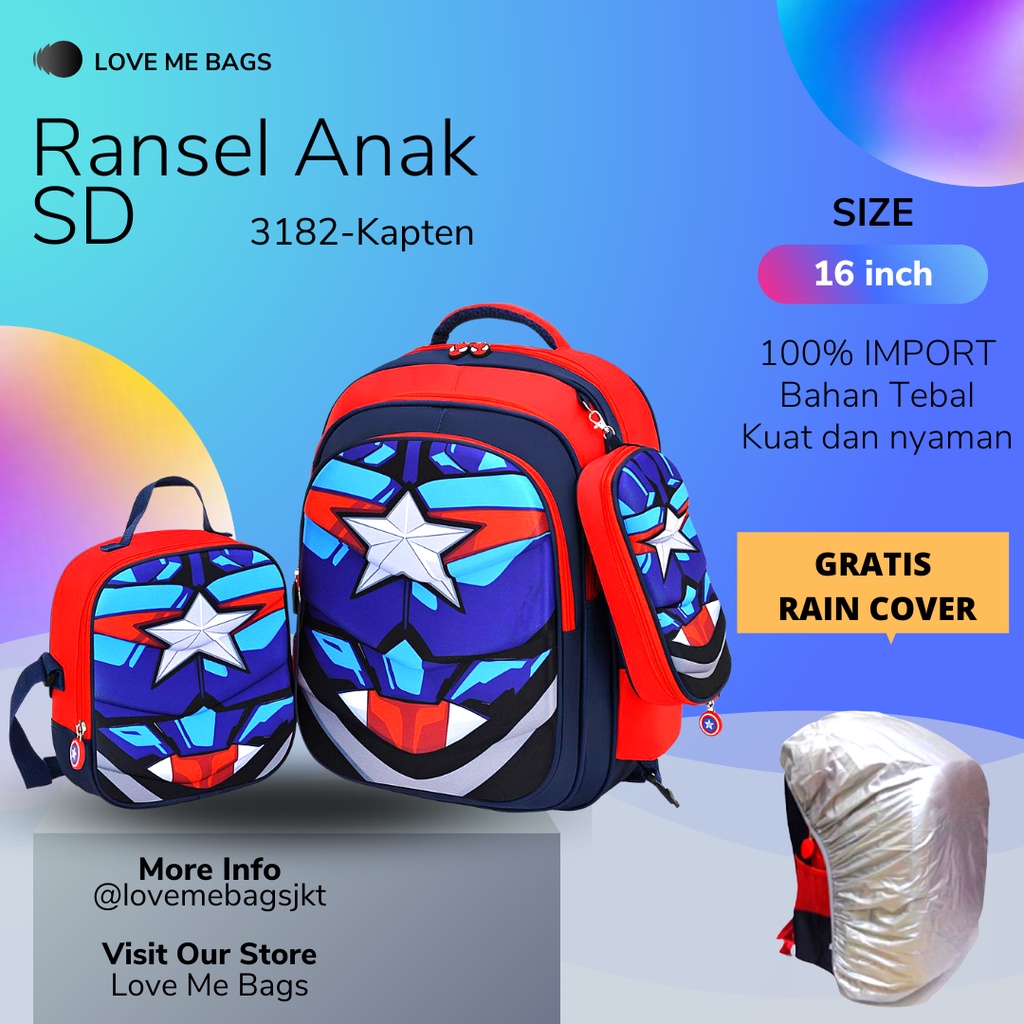 LMB Tas Sekolah Anak Laki Laki SD Import Set 3in1 Bahan Nilon Premium Bagian Depan Timbul 6D Tebal Dan Kuat