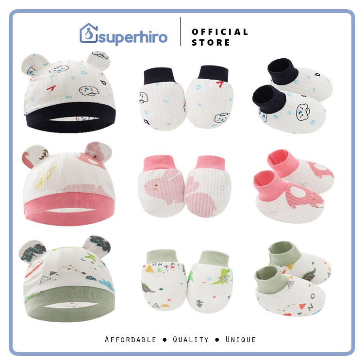 Sarung Tangan Kaki Topi Bayi Baby Newborn 3 IN 1 Set Motif