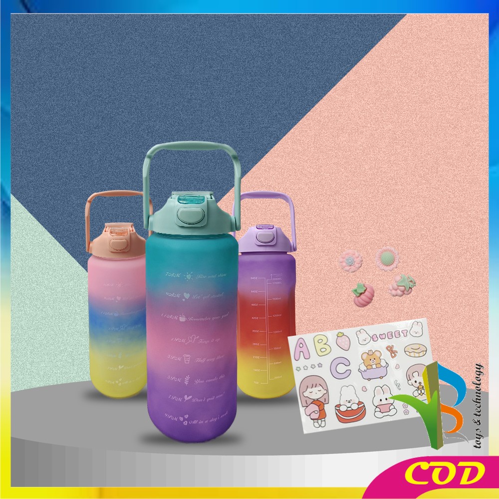 RB-C581 Botol Minum Tumbler 2Liter Gradasi Viral / Botol Air Motivasi Thumbler Pelangi Botol Penanda Waktu BPA Free