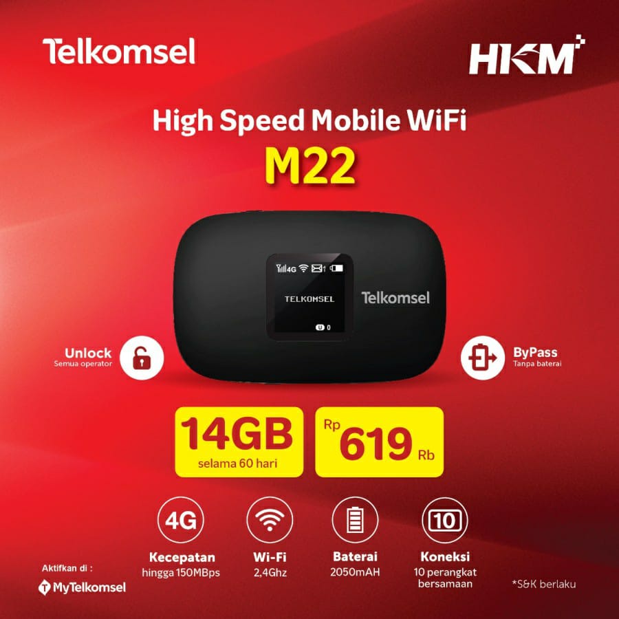 Modem Mifi HKM M21 XL / M22 XL Go 25GB / M22 TELKOMSEL 14GB / 4G LTE UNLOCK - BYPASS