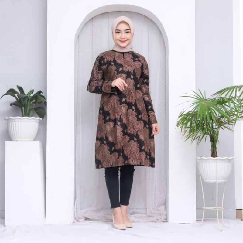 Jual Pakaian Muslim Wanita Batik Tunik Warna Cokelat Lengan Panjang