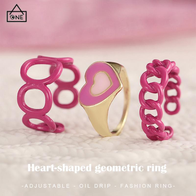 COD❤️3PCS Heart Geometry Rings Cincin Geometri Jantung Cincin Mode Menetes Minyak yang Dapat Disesuaikan untuk Aksesoris Perhiasan Wanita-A.one