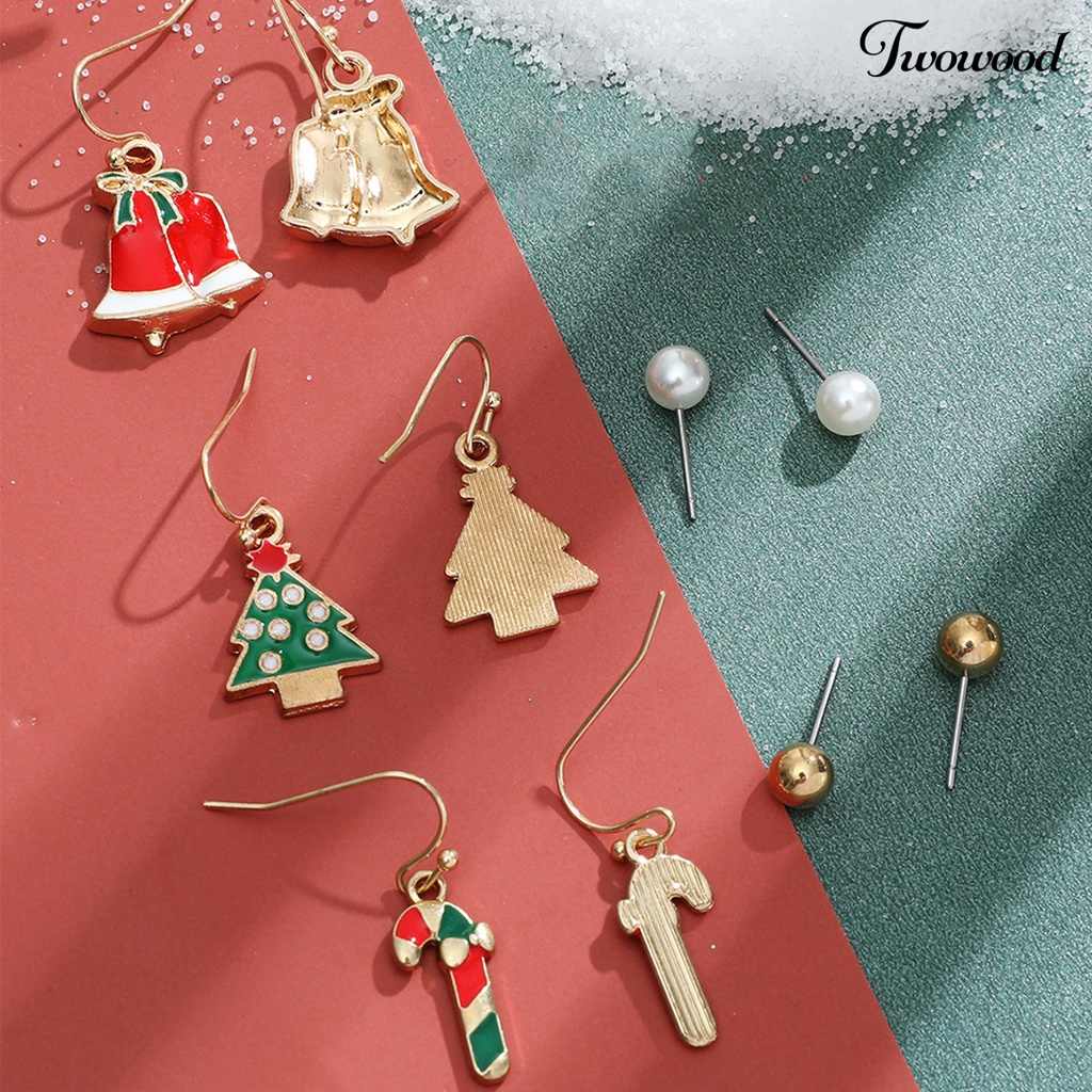 6 Pasang / Set Anting Stud Desain Geometrik Pohon Natal Rusa Snowman Santa Claus Bahan Enamel Untuk Hadiah