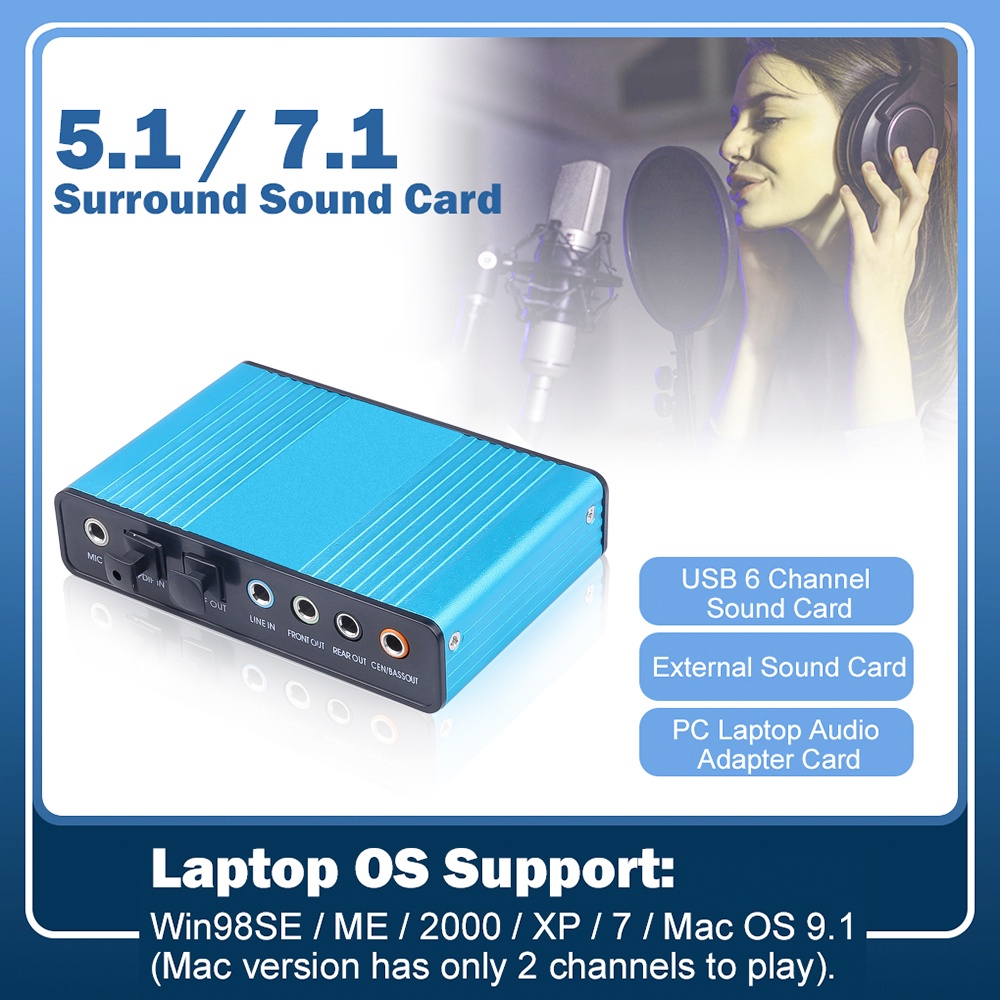 Actual【COD】sell Kebidumei Sound Card External 5.1 Suround USB untuk Laptop/PC - CM6206 - Biru