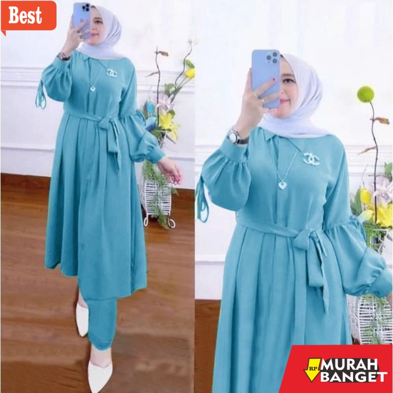 baju setelan wanita kekinian 2022 Setelan tunik kekinian/one set tunik/long tunik wanita/setelan pol