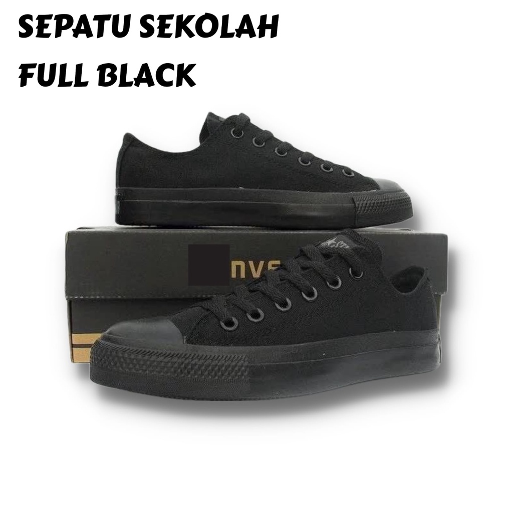 Jual SEPATU SEKOLAH PRIA WANITA CONVERSE ALLSTAR PENDEK SNEAKERS FULL HITAM POLOS SEPATU