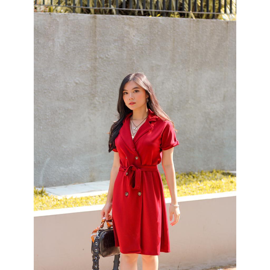 JXPLORE COTTONBELLS DRESS SCUBA WANITA LUNAR OFFICE BUTTON MIDI TIED ( CV - D 2921 )