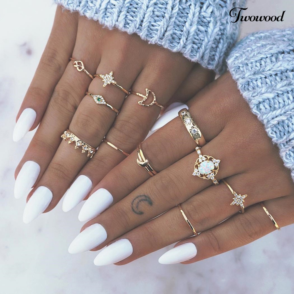 13pcs / Set Cincin Knuckle Midi Bentuk Bulan Bintang Mahkota Opal Tiruan Gaya Boho Untuk Wanita